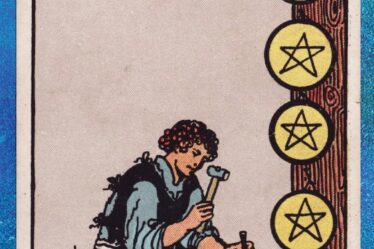 Image may contain Text Label Human Person Advertisement and Poster eight of pentacles