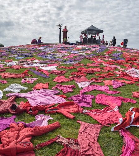 Dyed clothing are scattered over a hillside in reds and blues.