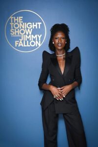 Jodie Turner-Smith rocks Balmain’s pagoda shoulder blazer on Fallon