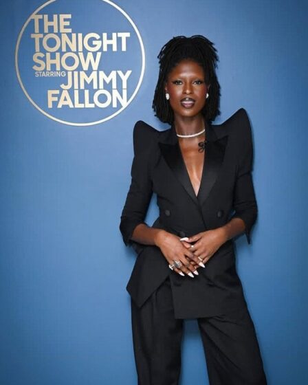 Jodie Turner-Smith rocks Balmain’s pagoda shoulder blazer on Fallon