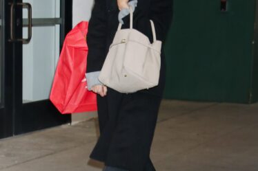 Image may contain Katie Holmes Accessories Bag Handbag Clothing Footwear Shoe Coat Hat Person Walking and Glasses