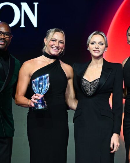 MONACO, MONACO - NOVEMBER 24: Ugo Monye poses for a photograph with Maddison Levi of Australia as she is presented with the World Rugby Women's Sevens Player of the Year award which is presented by Charlene, Princess of Monaco, and Abby Gustaitis during the World Rugby Awards on November 24, 2024 in Monaco, Monaco. (Photo by Mattia Ozbot - World Rugby/World Rugby via Getty Images)