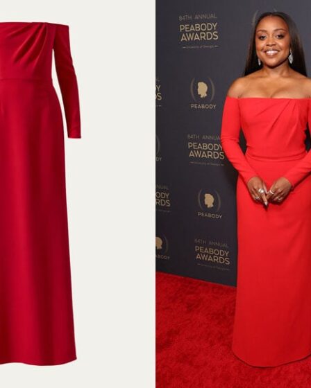 Quinta Brunson's Carolina Herrera Long-Sleeve Off-The-Shoulder Gown