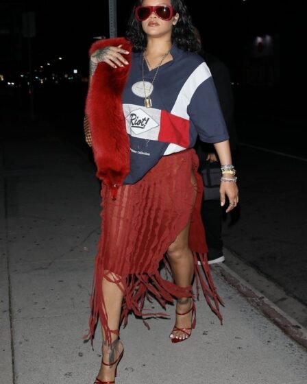 Photo Â© 2024 Backgrid/The Grosby Group
EXCLUSIVE 
West Hollywood, November 13, 2024
Rihanna turned heads at The Nice Guy in West Hollywood, rocking a skin-baring dress that highlighted her curves, paired with a Martine-Rose shirt featuring her son's name "Riot". The singer turned businesswoman effortlessly blended sultry style with a personal touch -- proving once again she's the ultimate fashion risk-taker.