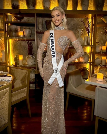 Miss Universe 2024 Victoria Kjær Theilvig wearing a design from Bride to Be by Suzelle Taveras