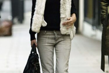 Image may contain Kate Moss Clothing Pants Jeans Coat Jacket Accessories Bag Handbag Adult Person and Footwear