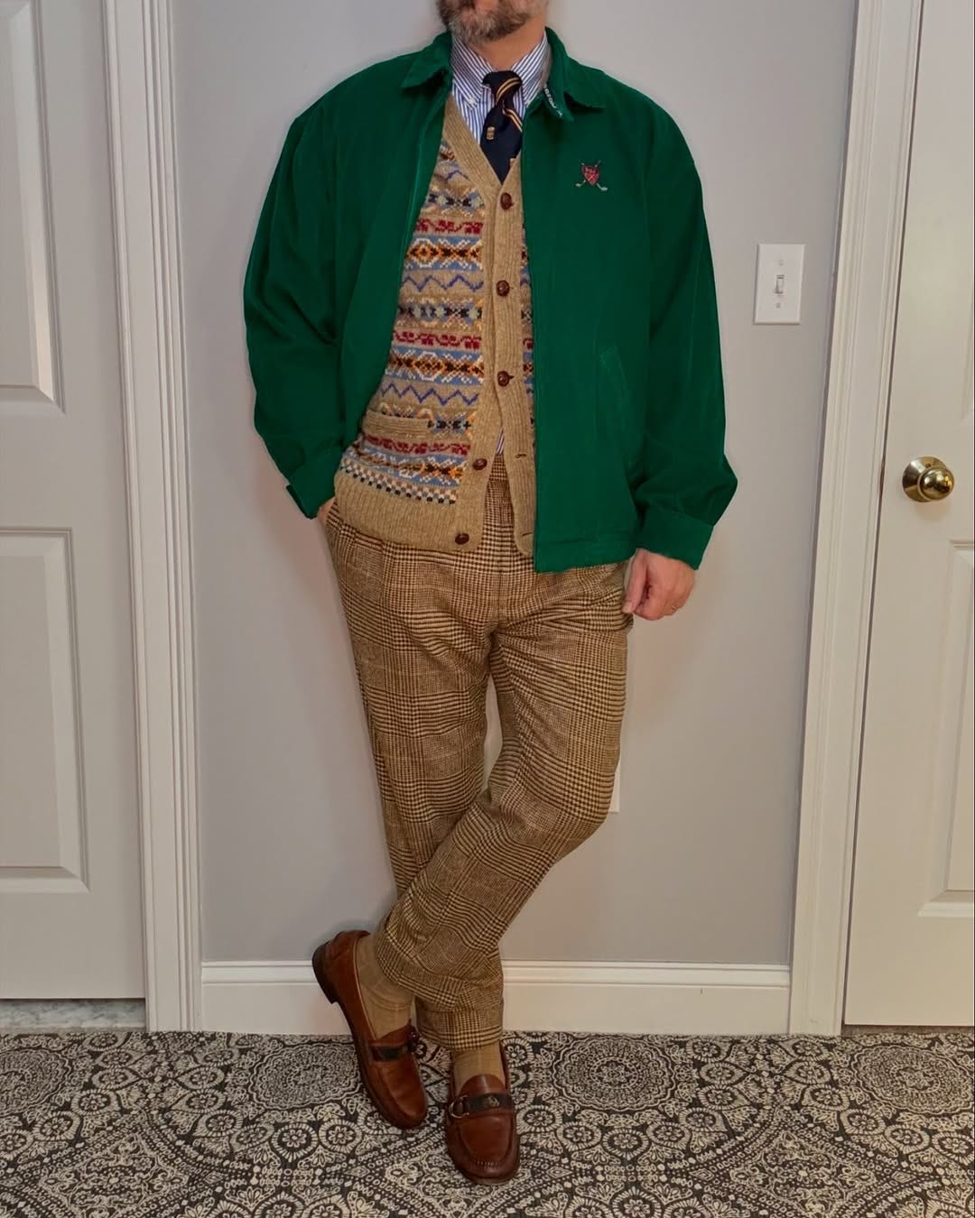 man from the neck down wearing a green jacket, Fair Isle cardigan, tan pants and brown shoes