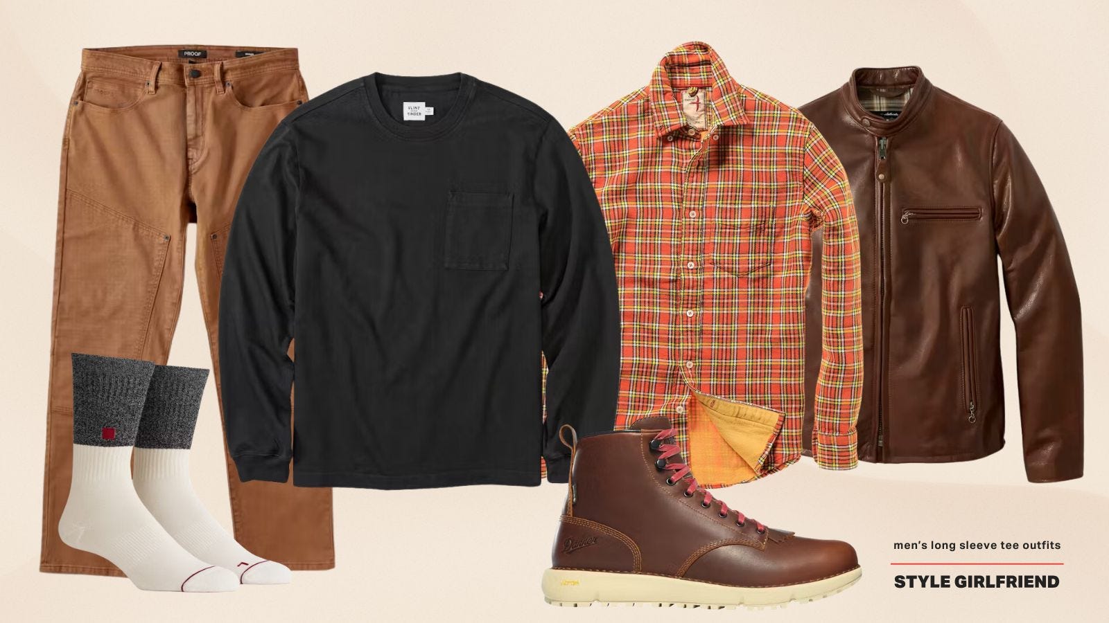 men's outfit with work pants, a black long sleeve t-shirt, flannel shirt and leather jacket