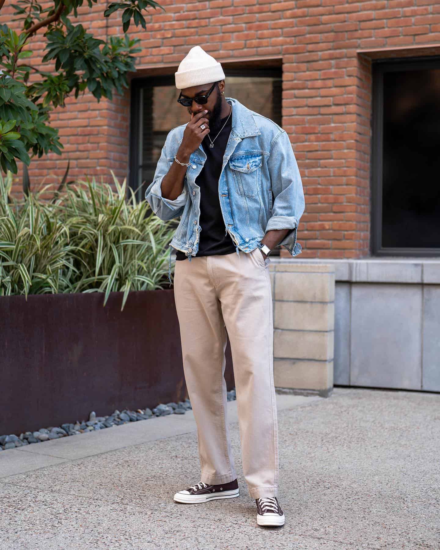 man in a beanie wearing a denim jacket