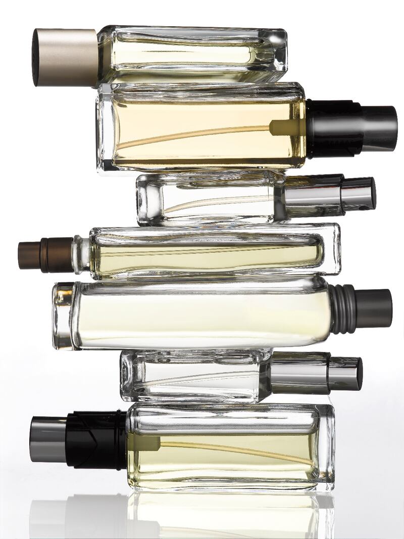 A stack of perfume bottles.