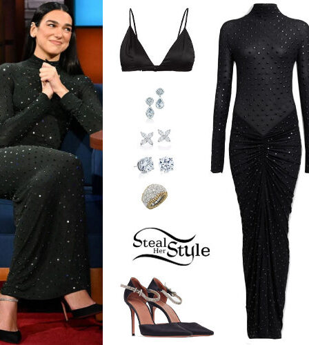 Dua Lipa: Rhinestone Dress, Black Pumps