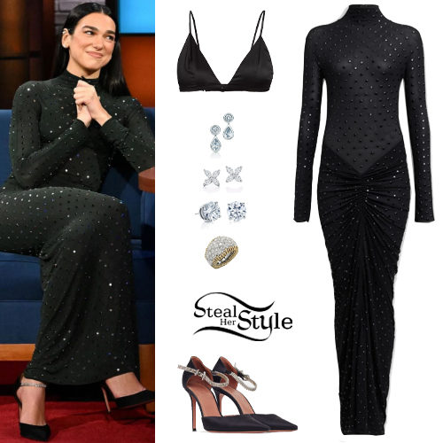 Dua Lipa: Rhinestone Dress, Black Pumps