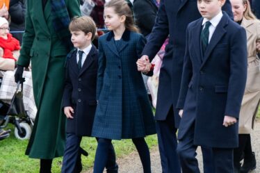 SANDRINGHAM, NORFOLK - DECEMBER 25: Catherine, Princess of Walesm Prince Louis of Wales, Princess Charlotte of Wales, Prince William, Prince of Wales and Prince George of Wales attend the Christmas Morning Service at Sandringham Church on December 25, 2024 in Sandringham, Norfolk. (Photo by Samir Hussein/WireImage)