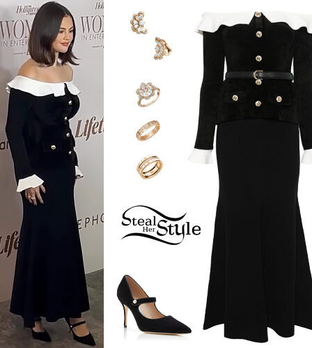 Selena Gomez: Off-Shoulder Dress, Black Pumps