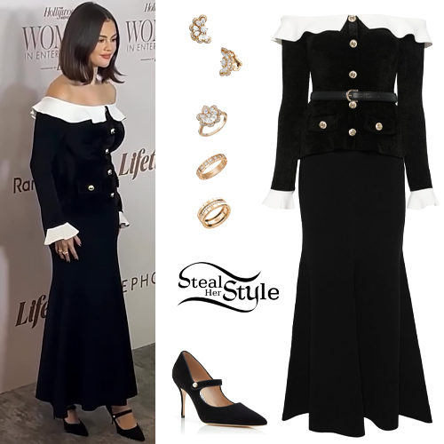 Selena Gomez: Off-Shoulder Dress, Black Pumps