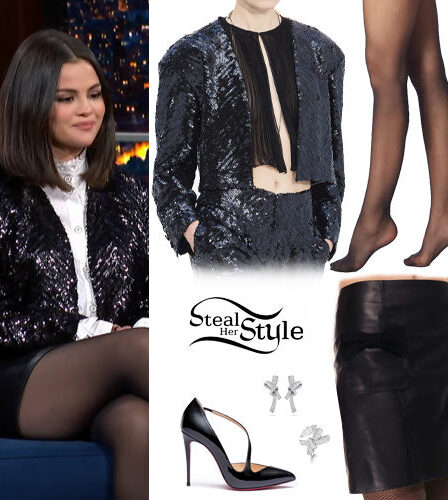 Selena Gomez: Sequin Jacket, Leather Skirt