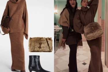 Shay Mitchell's Entire Studios Sweater & Skirt, Khaite Boots & Saint Laurent Bag