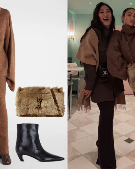 Shay Mitchell's Entire Studios Sweater & Skirt, Khaite Boots & Saint Laurent Bag