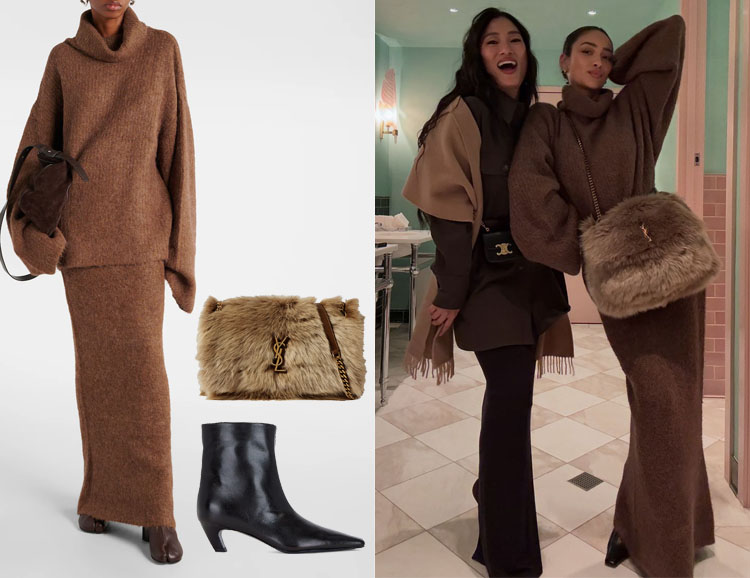 Shay Mitchell's Entire Studios Sweater & Skirt, Khaite Boots & Saint Laurent Bag