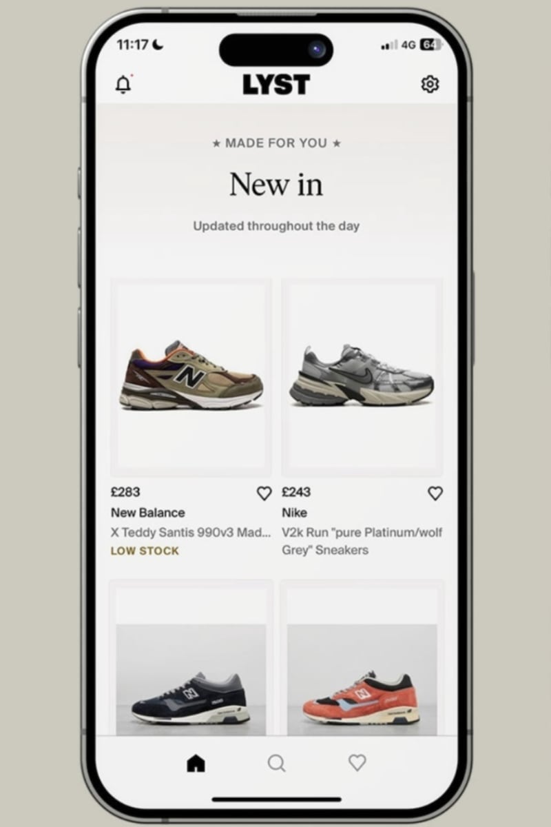 An iPhone screen shows the Lyst app displaying different sneakers with the text "made for you."