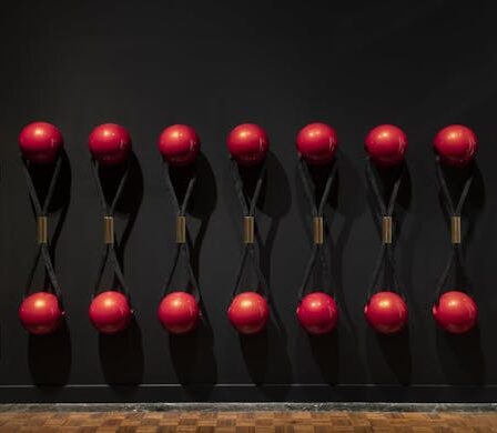 A row of gigantic hair ties with red balls