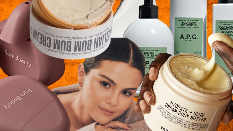 A collage featuring Selena Gomez, lotion from Rare Beauty and Sol De Janeiro, Youth to the People and A.P.C