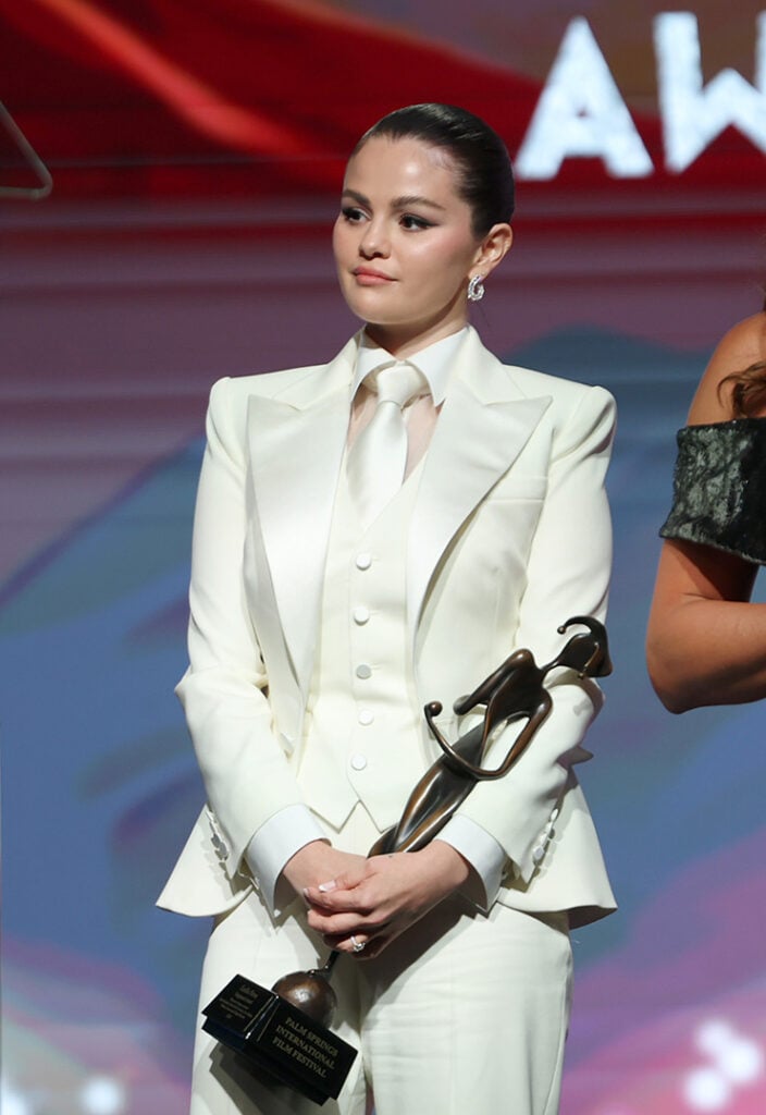 Selena Gomez accepts the Vanguard Award for "Emilia Pérez" onstage during the 36th Annual Palm Springs International Film Awards