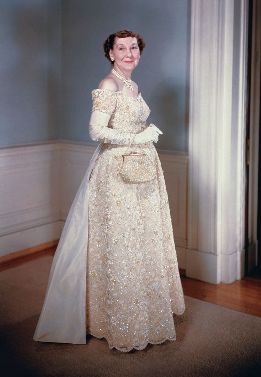 Mamie Eisenhower in full-length inaugural gown.