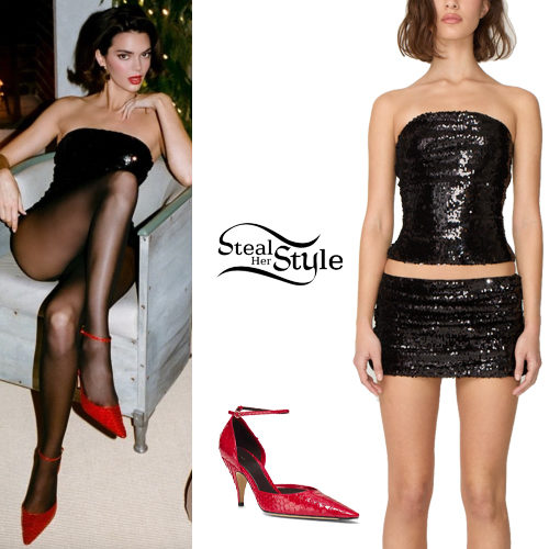 Kendall Jenner: Black Sequin Top and Skirt