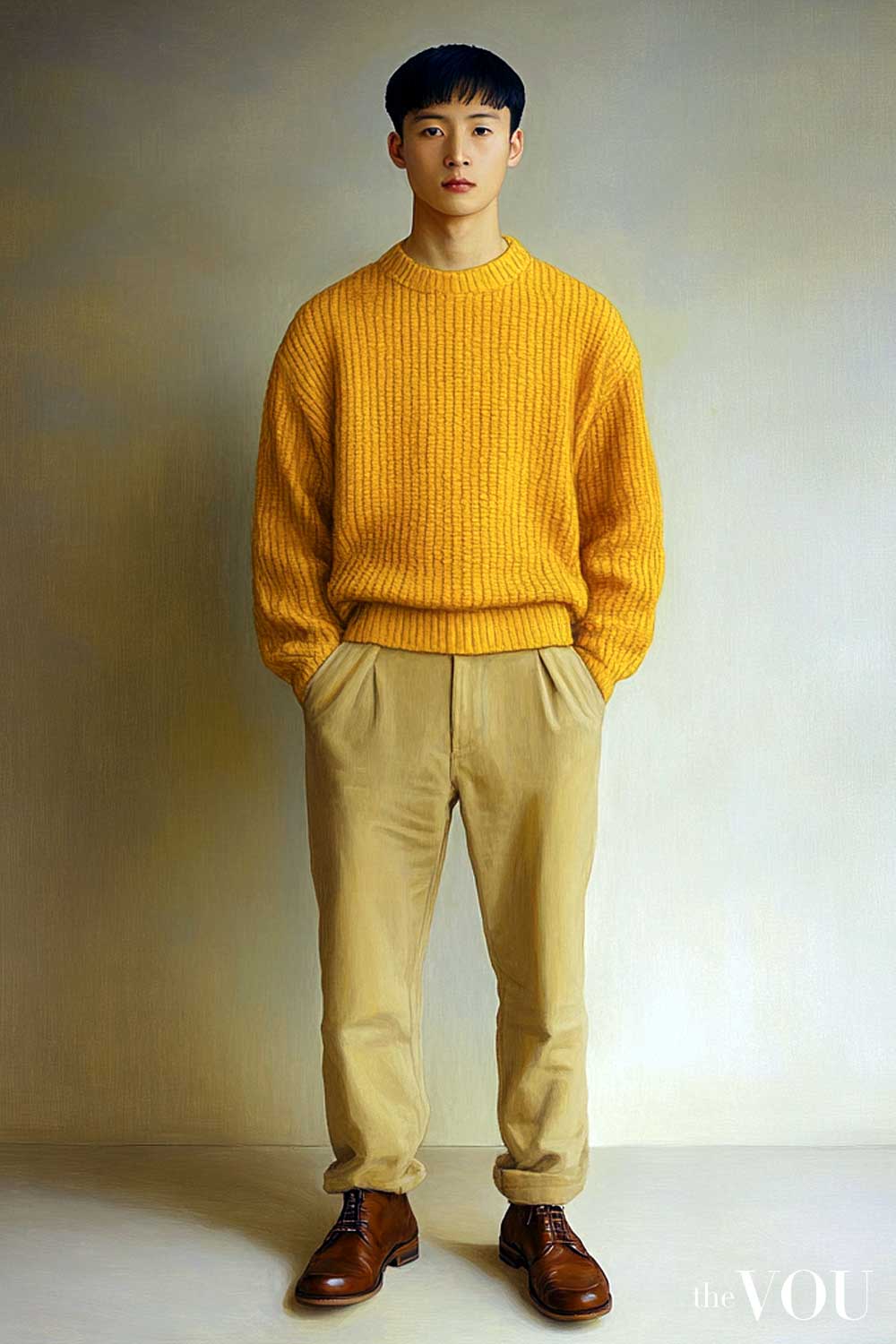 True Spring man wearing sunshine yellow jumper