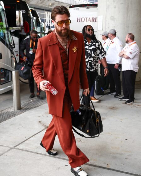 NEW ORLEANS LOUISIANA  FEBRUARY 09 Travis Kelce 87 of the Kansas City Chiefs arrives to the stadium before Super Bowl...