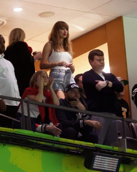 NEW ORLEANS, LOUISIANA - FEBRUARY 09: (L-R) Ashley Avignone, Taylor Swift and Ross Travis during Super Bowl LIX at Caesars Superdome on February 09, 2025 in New Orleans, Louisiana. (Photo by Gregory Shamus/Getty Images)