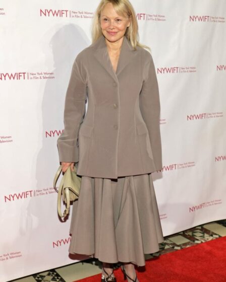 Pamela Anderson Tory Burch Fall 2025 skirt suit 45th Annual New York Women In Film And Television Muse Awards