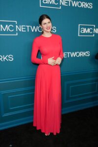 Alexandra Daddario red TOVE long sleeve maxi dress  AMC Networks Upfront 2025