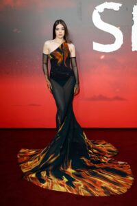 Hailee Steinfeld fire print flame print Robert Wun Spring 2024 Couture To The 'Sinners' London Premiere