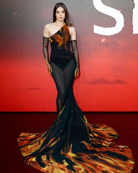 Hailee Steinfeld fire print flame print Robert Wun Spring 2024 Couture To The 'Sinners' London Premiere