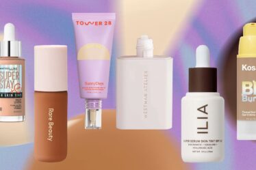 Collage of the best tinted moisturizers on a colorful background