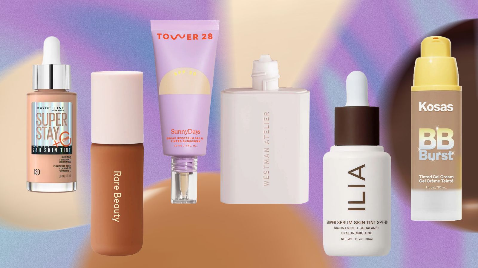 Collage of the best tinted moisturizers on a colorful background