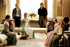 Image may contain Keira Knightley Calum Worthy Matthew Macfadyen Kelly Reilly Person Clothing Footwear and Shoe
