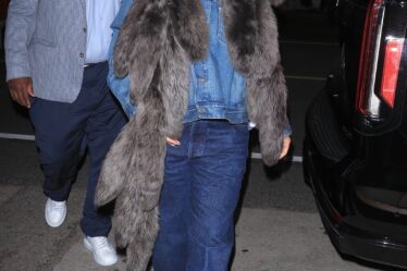 Image may contain Rihanna Reg E. Cathey Clothing Pants Coat Footwear Shoe Sandal Jacket Accessories and Glasses