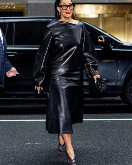 Tracee Ellis Ross Late Night with Seth Meyers black leather Brandon Maxwell Fall 2025 'Black Mirror'