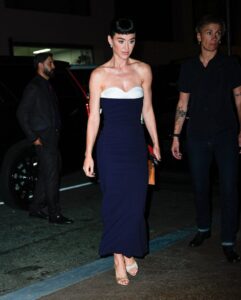 Katy Perry Wore Khaite navy and white dress Out In New York City The Lifetimes Tour stop at Madison Square Garden